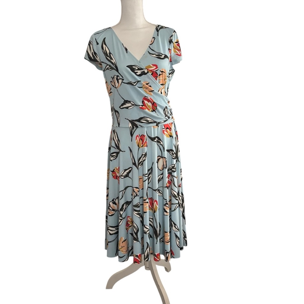 Maggy London Blue Floral Print Faux Wrap Midi Dress | Size 14